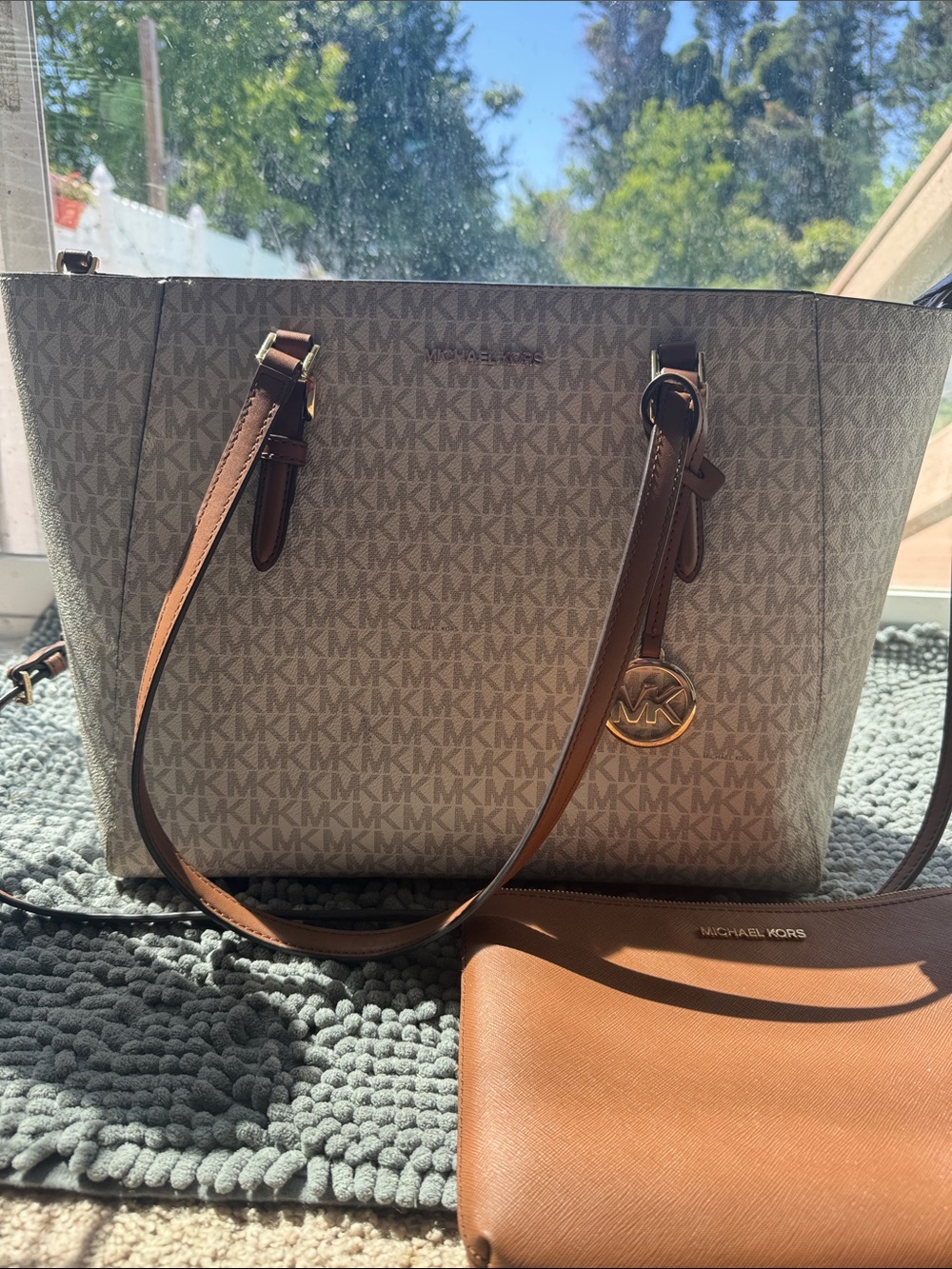 Michael Kors Beige Signature MK Tote with Brown Leather Trim